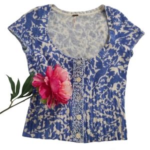 Free People Floral Bird Print Cardigan Short Sleeve Sweater Wool Blue Medium